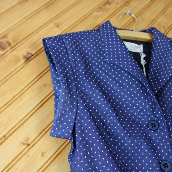 Annie 50 Cotton Dress Button Down Fit and Flare XS Navy Blue White Polka Dot D93 - Picture 4 of 12